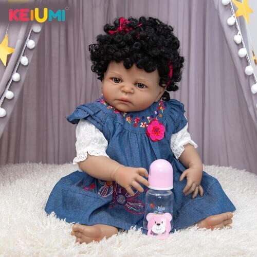 KEIUMI New 23 Inch Lifelike Reborn Doll Full Silicone Body Stylish Black Indian Baby Toy For Girls Kid Birthday Gift Can Bath
