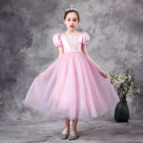 Summer Short-sleeved Princess Dress Cosplay Costume Kids Girls Fluffy Mesh Pink Dress For Birthday Party Role Playing C47M198