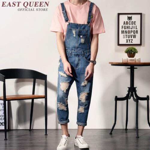 Male denim jumpsuit ripped hole male denim overalls KK2353
