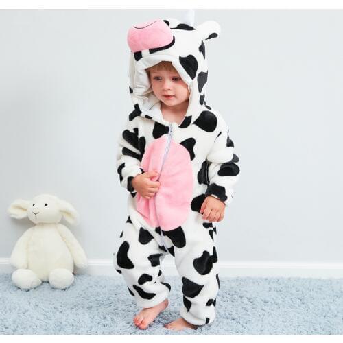 New born Baby Clothes Boys Girls Rompers Animal Cartoon Cow Jumpsuit Outfits Flannel Hooded Toddler Bebes Cow Baby Costumes