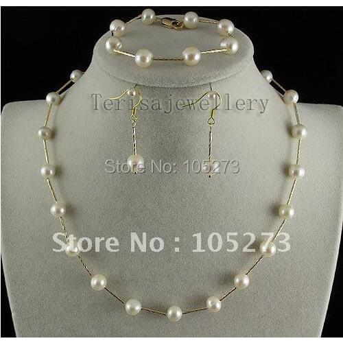 Stunning!pearl jewelry set AA 7-8mm White Genuine freshwater pearl&Gold tube necklace&bracelet & earring free shipping A2567