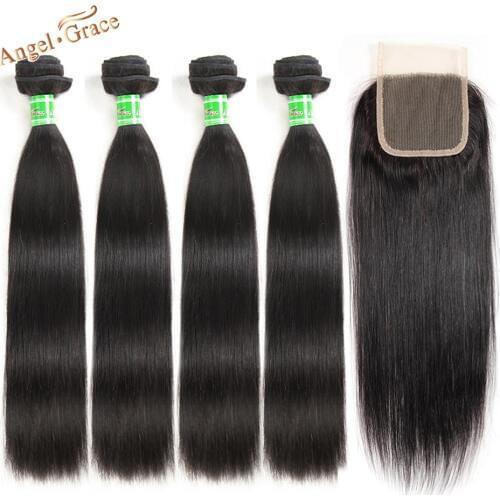 Peruvian Straight Hair 4 Bundles With Closure Remy Human Hair Bundles With Lace Closure Angel Grace Hair And Closure Free Ship