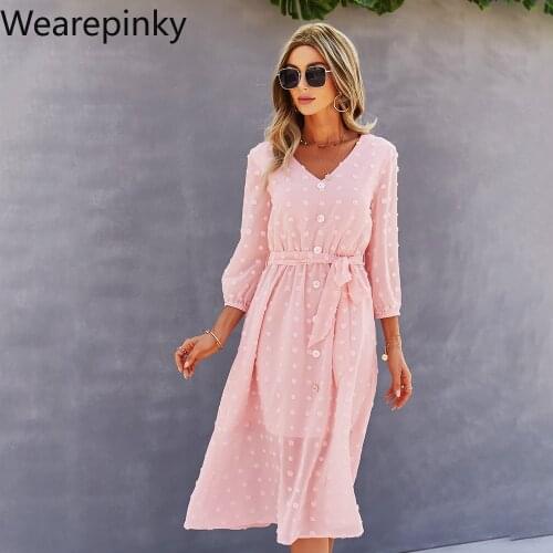 Solid Dots Midi Dress for Women Sexy Beach Style V-Neck Puff Sleeve Bandage A-LINE Cotton Pullover Three Quarter Pink Dresses