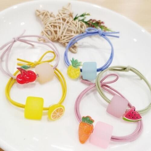 Cartoon Fruit Vegetable Hair Bands Candy Color Square Beads Headbands Acrylic Watermelon Carrot Elastic Rubber Bands For Women