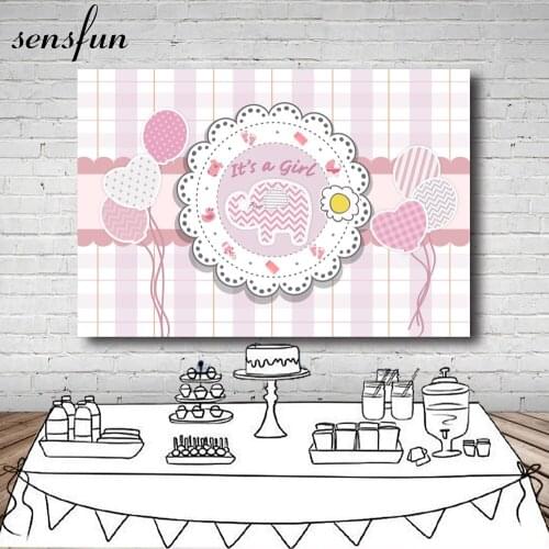 Sensfun Pink Its A Girl Baby Shower Gender Reveal Party Backdrops Balloons Elephant Plaid Table Cover Photography Backgrounds