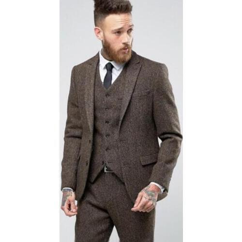 Tweed Men Suits Winter Slim Fit Wedding Tuxedos Groom Wear 3 Pieces (Jacket+Pants+Vest) Formal Business Blazer Costume Homme