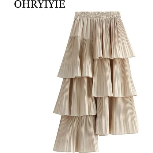 OHRYIYIE Beige Gray Maxi Long Cake Skirts Women 2020 New Fashion Elastic High Waist Irregular Skirt Female Ruffles Pleated Skirt