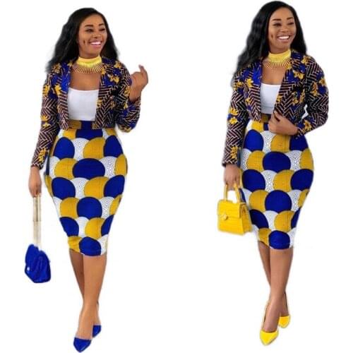 2 Piece Women Set African Long Sleeve Two Piece Set Top Suits Midi Skirt Print Casual Outfit Africa Clothing ladies clothes