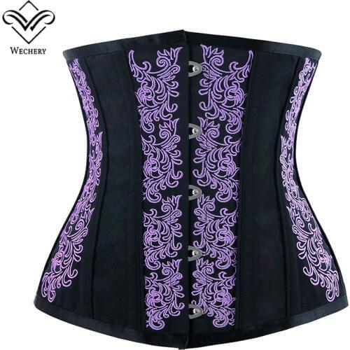 Wechery Women Steampunk Corset Underbust Sexy Push Up Bustiers Corselet Printed Embroidery Posture Waist Trainer Belly Slim
