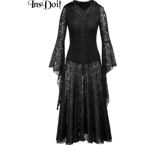 InsDoit Gothic Clothes Vintage Lace Dress Women Streetwear Long Sleeve Black Sexy Hooded Dress Halloween Fashion Party Dresses
