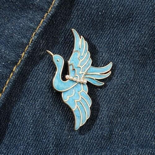 Chinese Style Blue Crane Hard Enamel Pins Vintage Metal Bird Badge Women Dress Clothes Luxury Brooch Jewelry Gift For Ladies