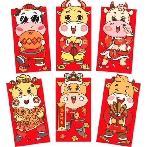 18/15/16/6pcs Cartoon Red Envelope Chinese Spring Festival Gold Printing Red Pocket Pouch 2021 New Year Wedding To Fill In Money