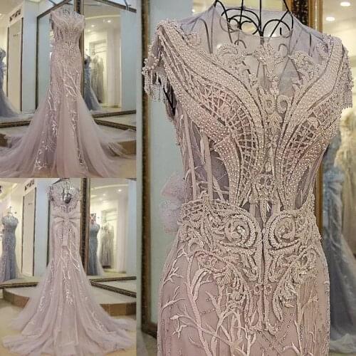 2021 Sheer Jewel Mermaid Long Prom Dresses Lace Appliques Custom Grey Long Evening Party Gowns Beading Vestidos De Soiree Cheap