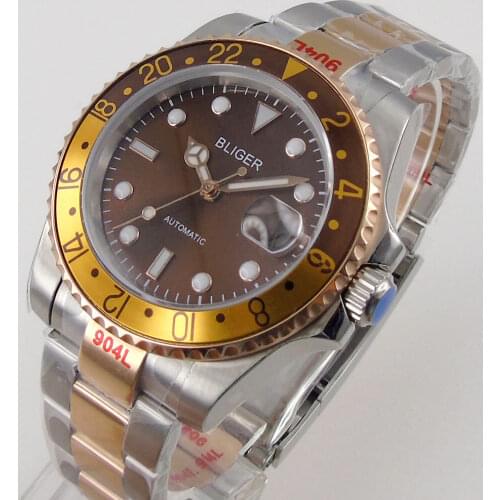 40mm Automatic Mens Watch Japan MIYOTA8215 Movement Coffee Dial Sapphire 904L Oyster Bracelet Rose Gold Plated Aluminum Bezel