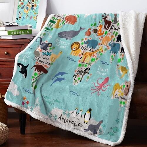 Animal Map World Cartoon Velvet Home Sofa Watching Blanket Sherpa Blanket Warm Fleece Travel Blanket Quilt