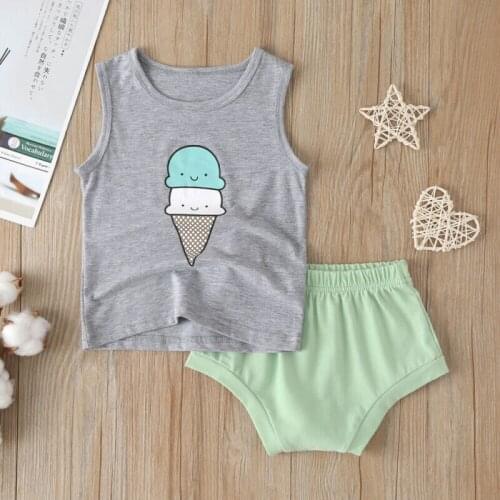 1-4 Years 2Pcs Kids Baby Boys Girls Sets Ice Cream Print Sleeveless T-Shirt Top+Shorts Pants Summer Cotton Children Baby Clothes