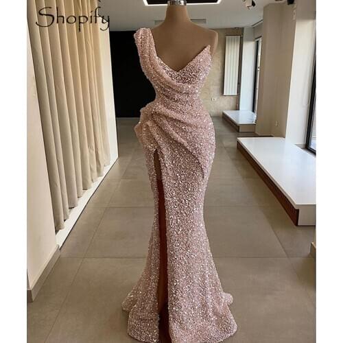 Long Evening Dress 2021 Sexy Mermaid One Shoulder High Slit Pink Sequin Dubai Women African Formal Party Gowns