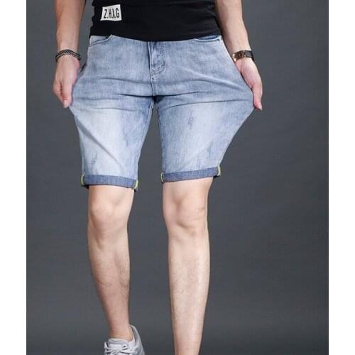 Summer Men Denim Shorts Casual Slim Fit Straight Knee Length Jean Bermuda Trousers Washed Stretchy Cowboy Holiday Beach Shorts