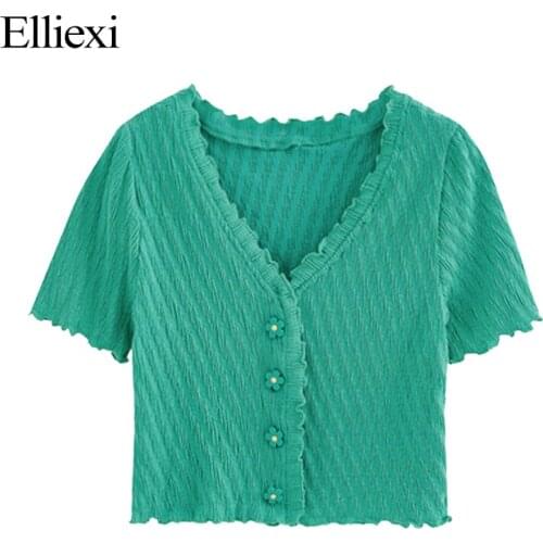 Elliexi Women White Short Sleeve t shirt Office lady Solid Candy color T-shirts Cotton Women O Neck Pleat Button Skinny Girl Tee