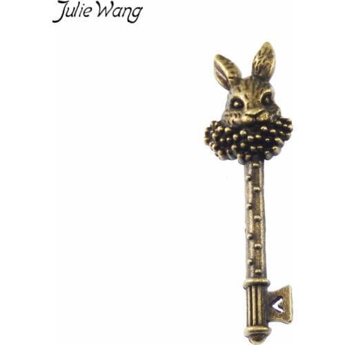 Julie Wang 10PCS Bronze Tone Mr Rabbit Bunny Head Retro Key Shape Long Pendant Charms Women Old Fashion Jewelry DIY 51*16mm