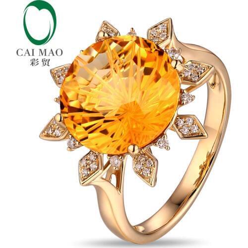 Sun Shape Citrine Ring 12mm Round 7.05ct Citrine 14K Yellow Gold Engagement Ring