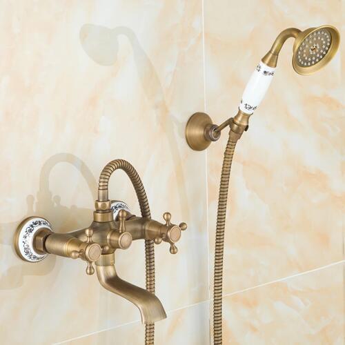 Brass wall mounted shower faucet mixer tap, Antique Bathroom shower faucet set, Copper shower faucet set rainfall shower head