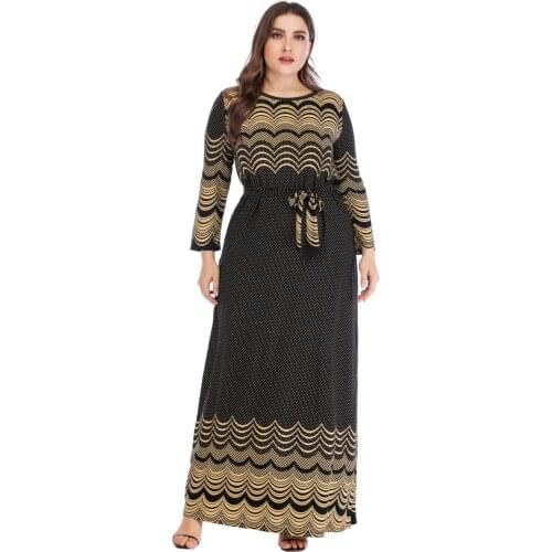 Summer Womens Large Size Muslim Abaya Dress Round Neck Long Sleeve Printed Knitted Loose Waist Long Skirt Vintage Dresses 6XL