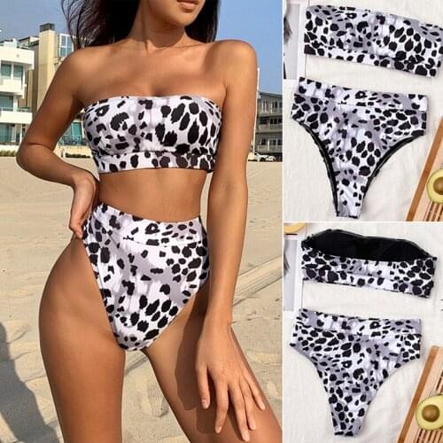Hot kf-Womens Split Swimsuit Outer Single Swimsuit Tube Top Leopard Bikini Leopard Print
