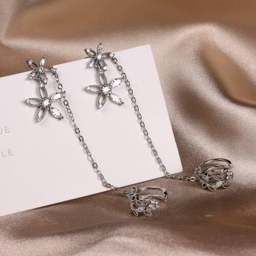 Luckydays 1pcs Korean Fashion Flower Zircon Chain Earrings For Women Trendy Earbone Clip Earrings Female