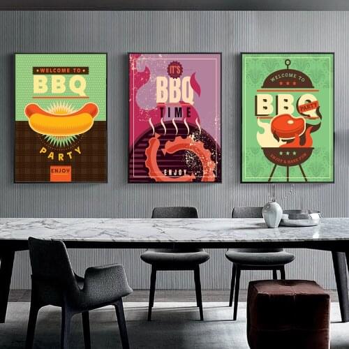 Cartoon BBQ Posters and Prints Nordic Wall Art Canvas Painting Wall Party Sausage Hamburger Pictures Restaurant Home Decoration