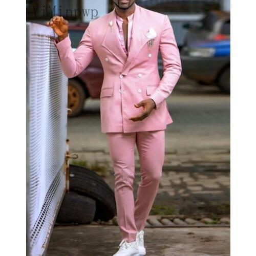 Pink Men Suits Double Breasted Prom Suits Slim Fit Blazer Jacket Men Tuxedos Groom Wedding Suits 2 Piece Coat+Pant