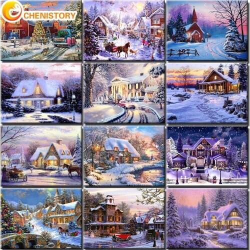 CHENISTORY Winter House Painting By Numbers For Adults Children DIY HandPainted Oil Painting Town Landscape Picture Home Decor