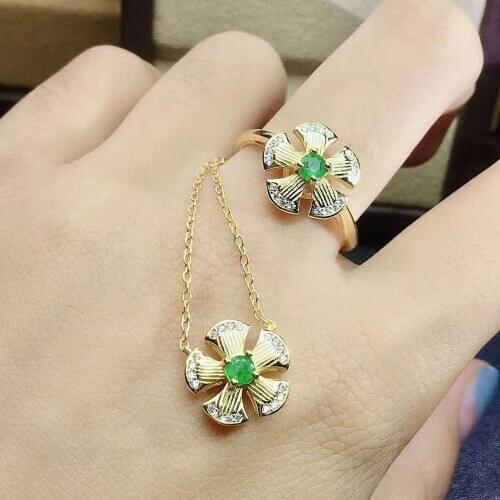 Real Natural Emerald jewelry set Natural Real Emerald 925 sterling silver 1pc pendant,1pc ring