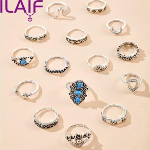 Ladies Retro Mid-Length Knuckle Ring Set Turquoise Drop-Shaped Ocean Wave Starfish Beach Wind Ring Set Fashion Jewelry Gift