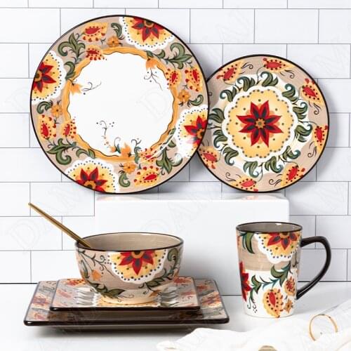 Painted Ceramics Plate Fruit Salad Dish Breakfast Dessert Pan Flowers Decorative Plates European Style Kitchen Utensils Set Meal