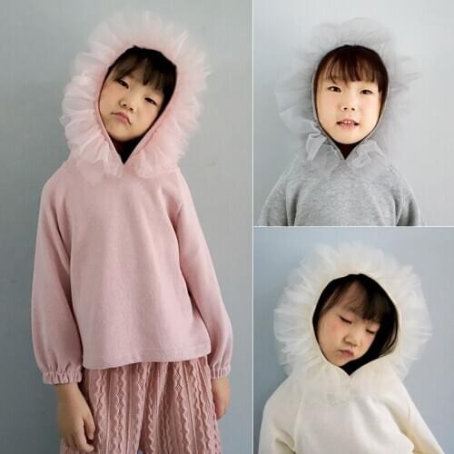 Autumn Spring Baby Girls Sweatshirts Childrens Korean Solid Net Yarn Splicing Hooded Pullovers Fashion Cotton Hoodies for Girl