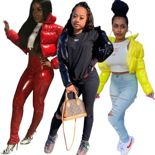 Sexy baby001--Winter New Style Womens Casual Short Style Puff Sleeve PU Leather Bread Zipper Pure Color Cotton Jacket GLS