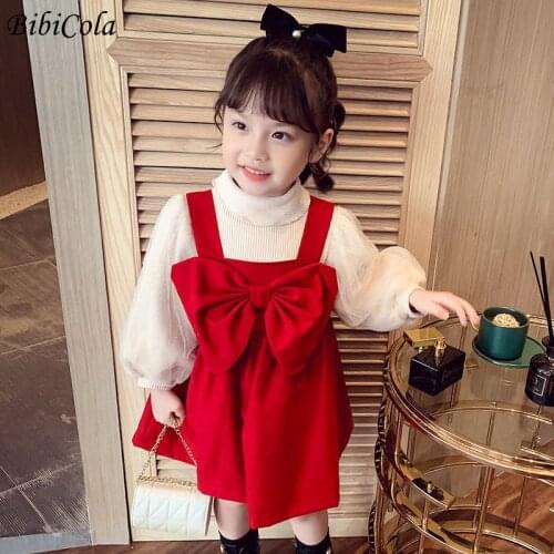 Fashion Autumn Girls Princess Dress Childrengirls High Neck And Long Sleeves + Bow Sling Dress Baby Cute Formal dress 1-5Year