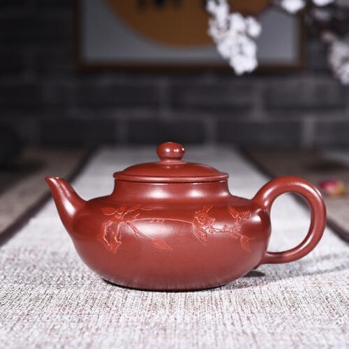 Purple Sand Pot Famous Artists Hand-made High-quality Raw Mine Dahongpao Mud Painted Flat Pot Kungfu Teapot Tea Set