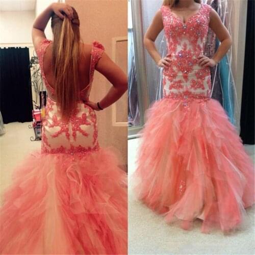 Sexy Backless Mermaid Prom Dresses Pink Lace Appliques V Neck Evening Gowns Tulle Ruched Floor Length Formal Party Dress
