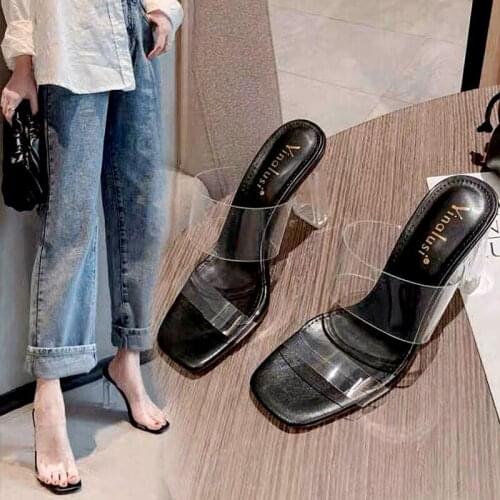New Sexy Transparent PVC Jelly Shoes Woman Fashion Open Toe Soft Slippers Crystal Perspex Heels Beach Slides Femme Plus 34-42 43