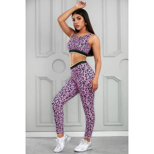 Pink Leopard Print Active Bra Crop Top Pants Yoga Set Fitness High Waist Gym Leggings Sports Running Sportswear Track Suit