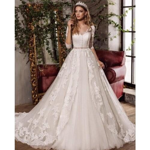 Bridal Illusion Back Button V-neck Wedding Dress Half Sleeve Sashes Floor-length Lace Appliques Customized Bridal Gown