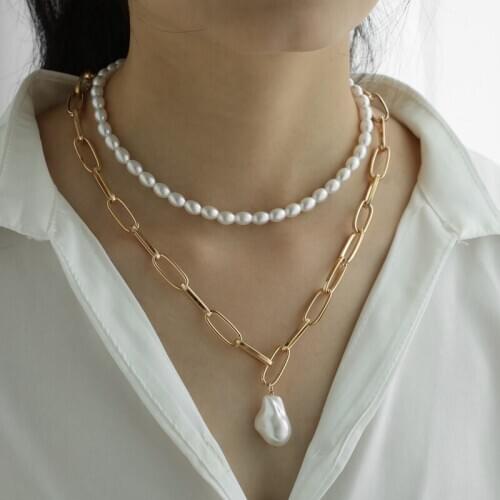 Women Pearl Chain Choker Multi Layers Chunky Necklace Pendant Retro Vintage Fashion Gold Color Jewelry Accessories CN105