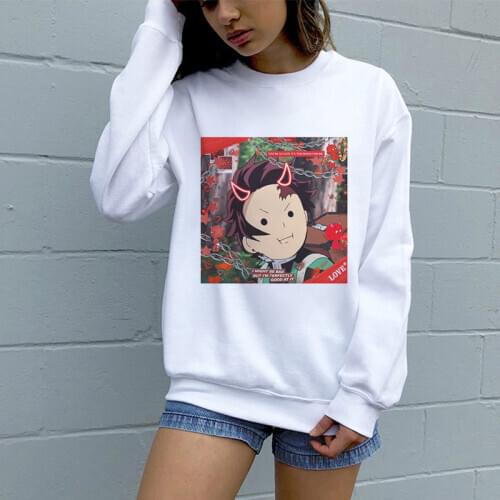 Korean Demon Slayer Kimetsu No Yaiba Hoodies Female Kawaii Anime Winter Autumn Warm Hoody Tanjiro Kamado Print Sweatshirts Women