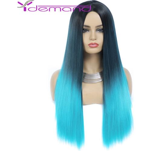 Ombre-Green Long Straight Wigs Middle Part For Black-Woman