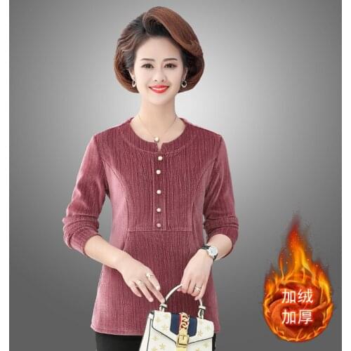 Women Fall Winter Warm Velvet T-Shirt Buttons Bottom Shirt Slim Thick Velvet Pullover Middle Age Mother Long Sleeve Tops