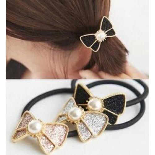 Free Shipping Women Hair Jewelry Wholesale Fashion Pearl Bow Hair Bands Rope Gum Hair accessories