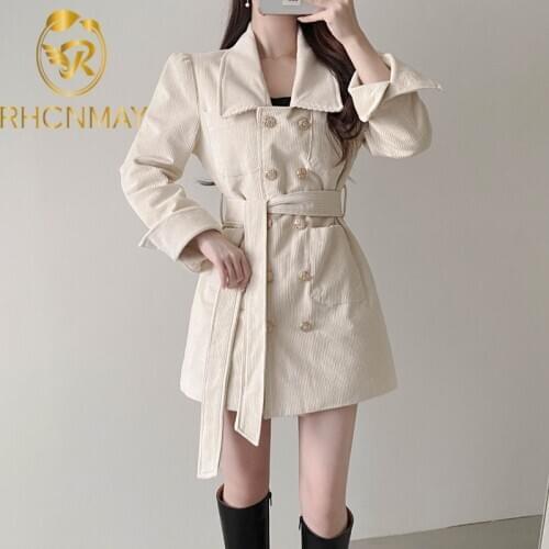 Korea Women 2020 Fashion With Belt Woolen Jacket Coat Vintage Long Sleeve Side Pockets Female Outerwear Chic Overcoat