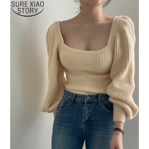 Women Knitted Tops Solid Long Sleeve Loose Sweaters Sweet Square Collar Sweaters Women Temperament Puff Sleeve Sweater 16141